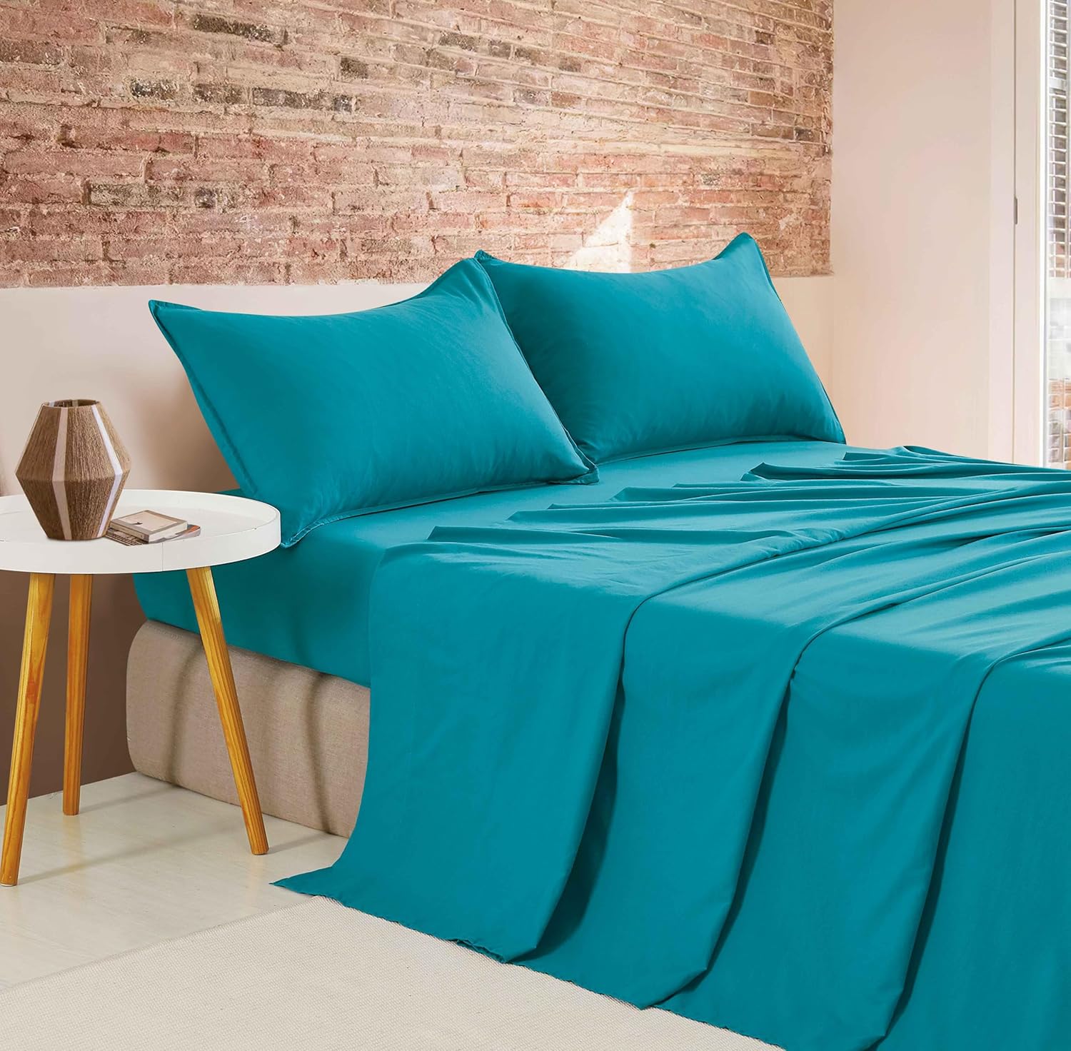 NNEDSZ Vintage Washed Microfibre Sheet Set (Teal, Queen)-0