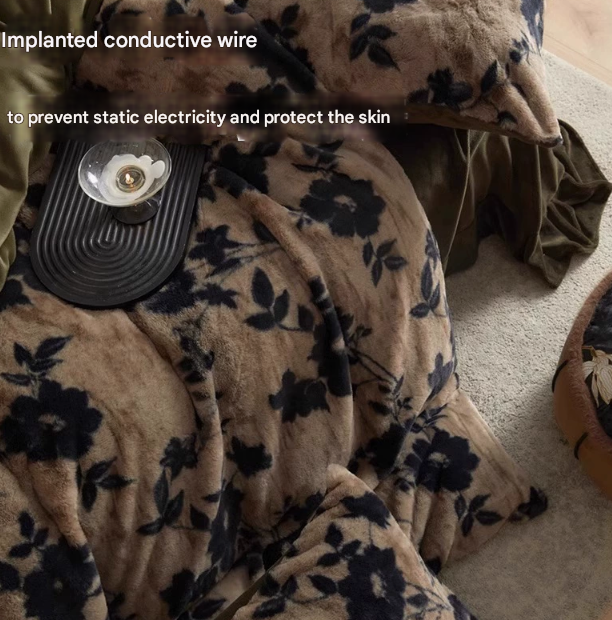 NNEDSZ Brown Rose Motifs Luxury Winter Faux Rabbit Fur Bedding Set - 4-Piece Melange Style Plush Set for 1.8m Beds (200x230cm Duvet Cover)-2