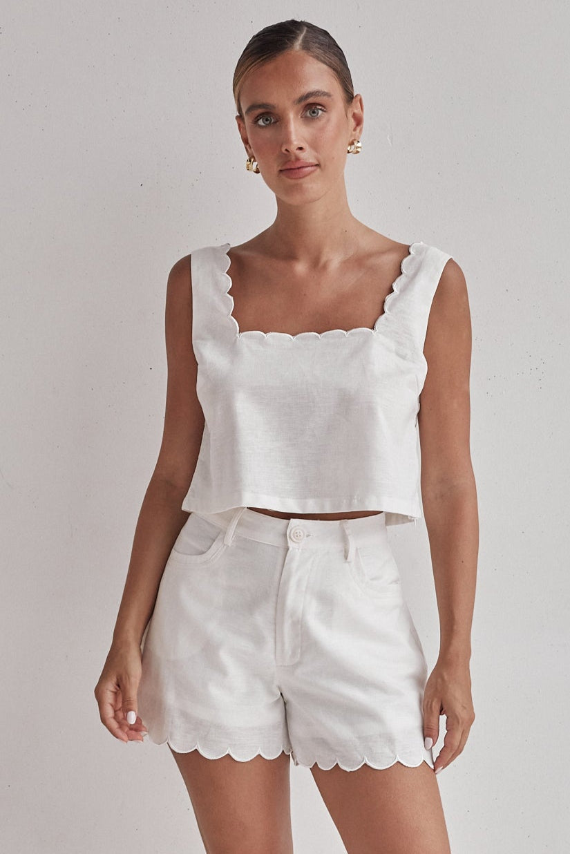 White Linen Crop Top with Scalloped Hem – Minimal & Elegant-0