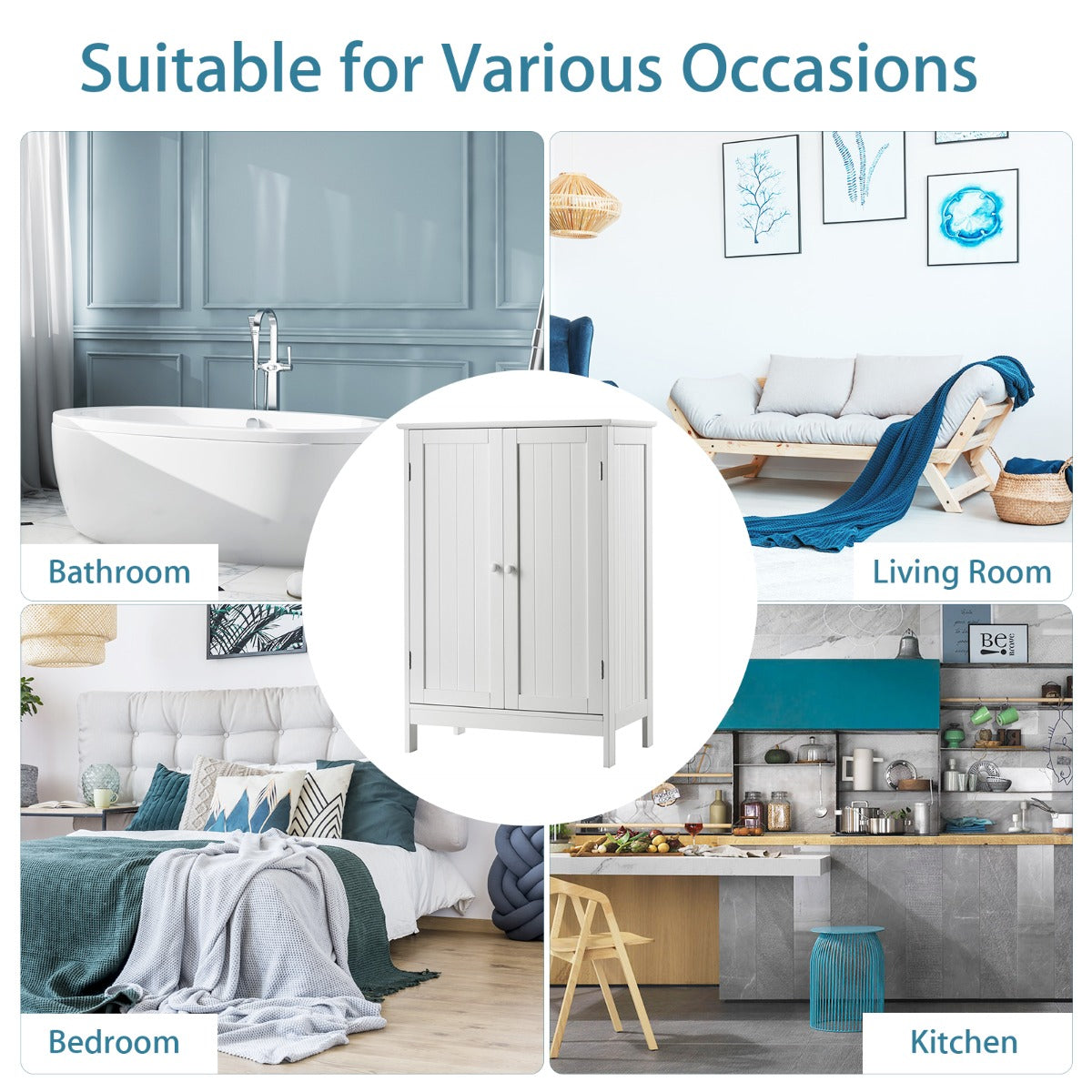 NNECW Floor Storage Cabinet with Double Door and Shelf for Bathroom-2