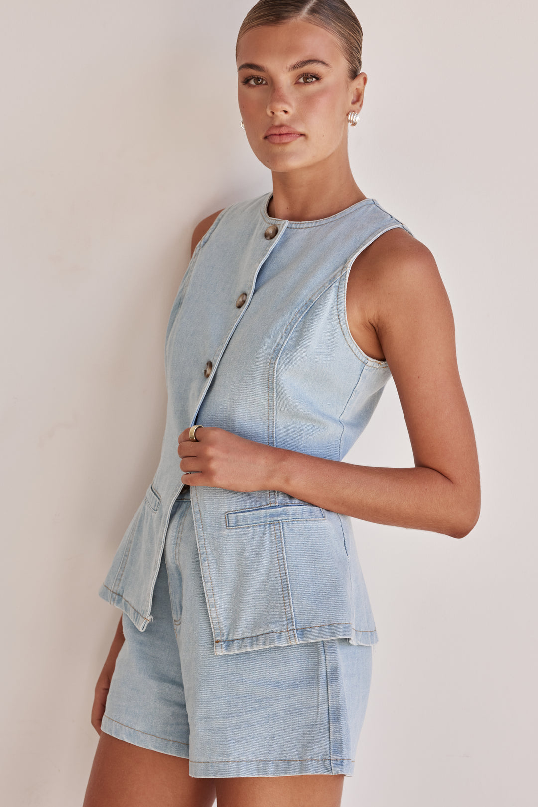 Sleeveless Denim Vest for Women with Front Pockets-4