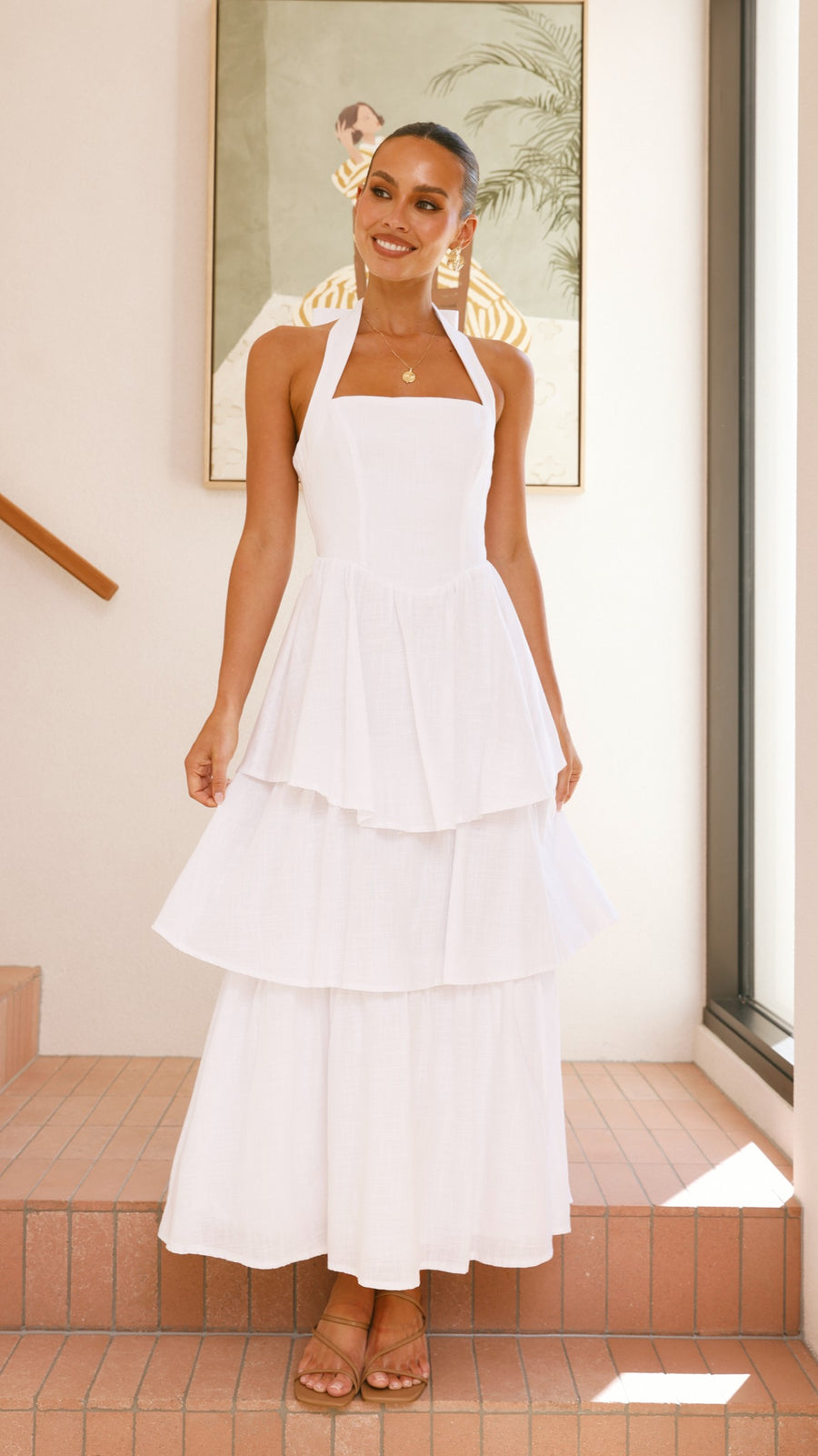 White Crepe Tiered Maxi Dress with Halter Neck & Back Tie Bow-4