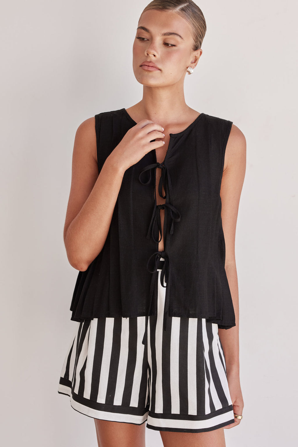 Black Linen Tie-Up Top – Sleeveless Pleated Front Blouse-4