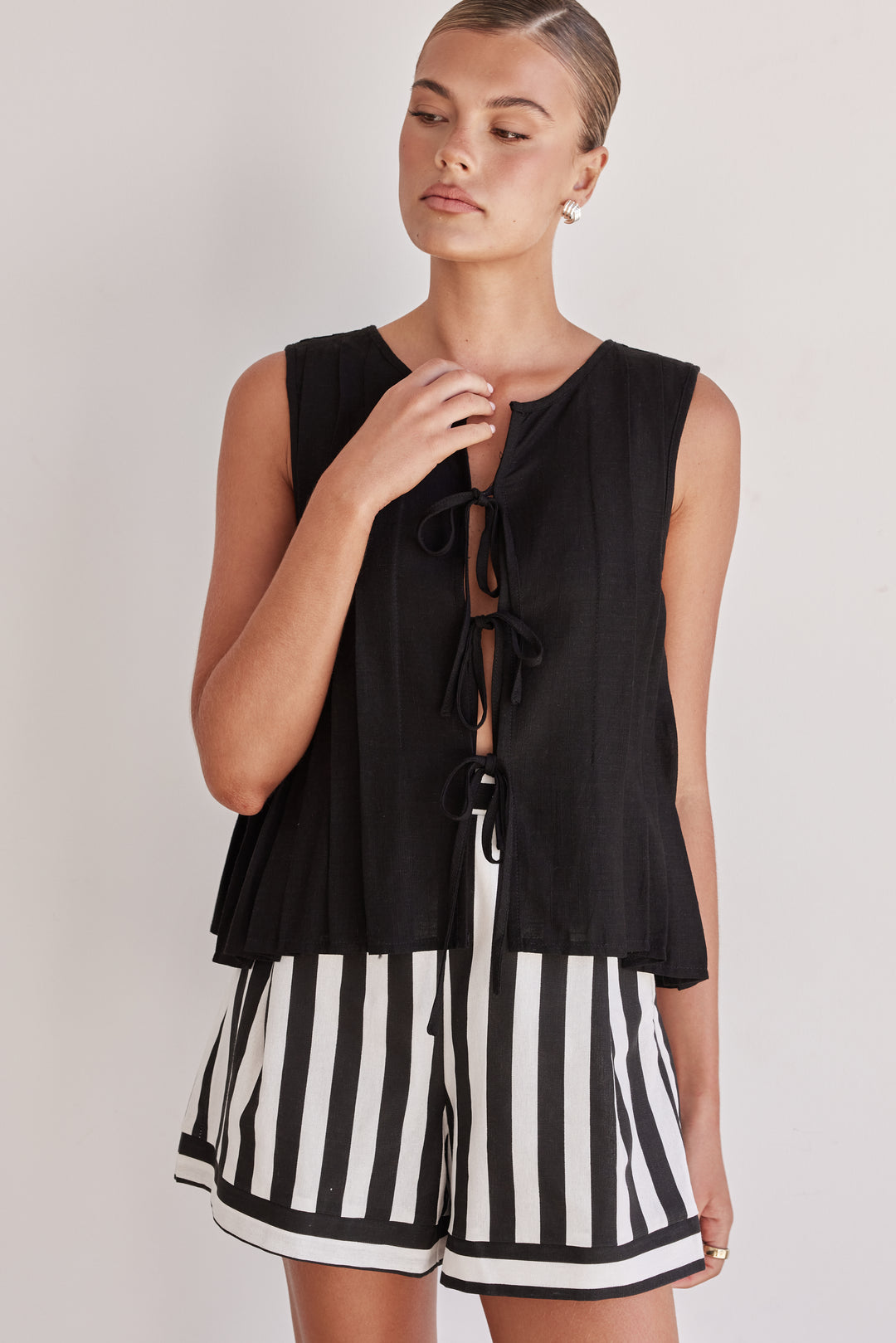 Black Linen Tie-Up Top – Sleeveless Pleated Front Blouse-4