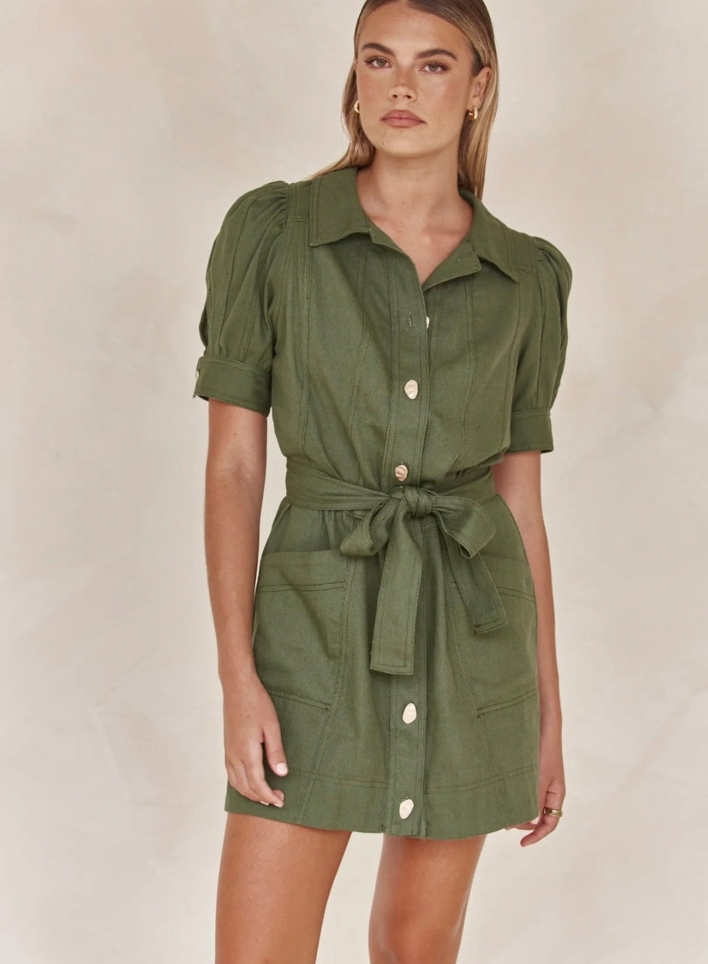 Linen Dress for Women - Olive Green Tie-Up Shirt Style Dress in Linen Blend-0
