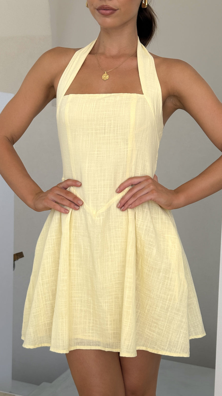 Butter Yellow Linen Halter Mini Dress – Smocked Back Summer Dress for Women-0