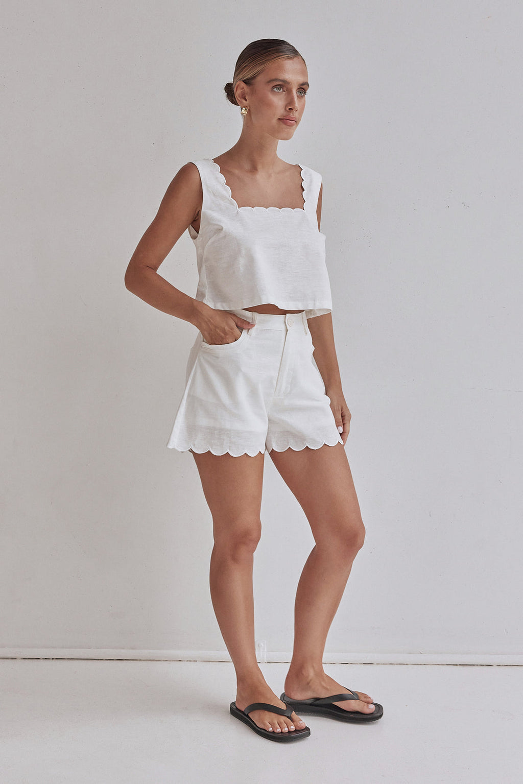 White Linen Shorts with Scalloped Hem – Lightweight & Chic-2
