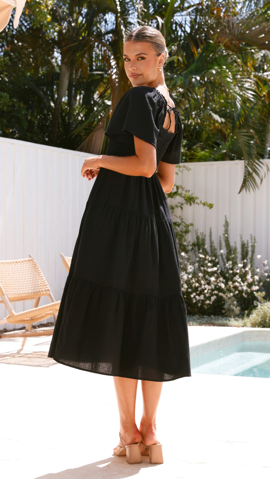 Black Linen Smocked Maxi Dress with Flutter Sleeves-0