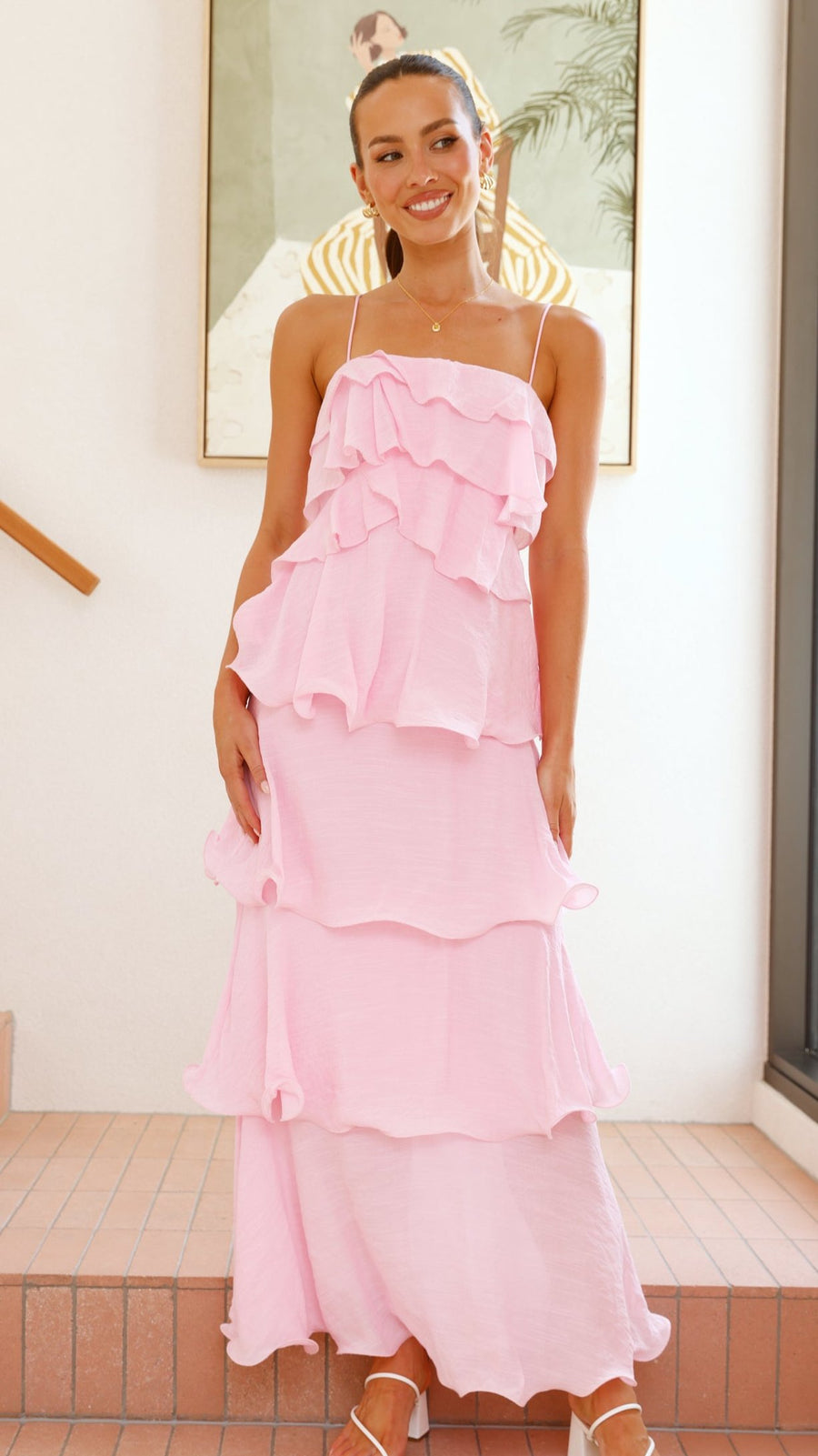 Pink Crepe Layered Ruffle Maxi Dress-4