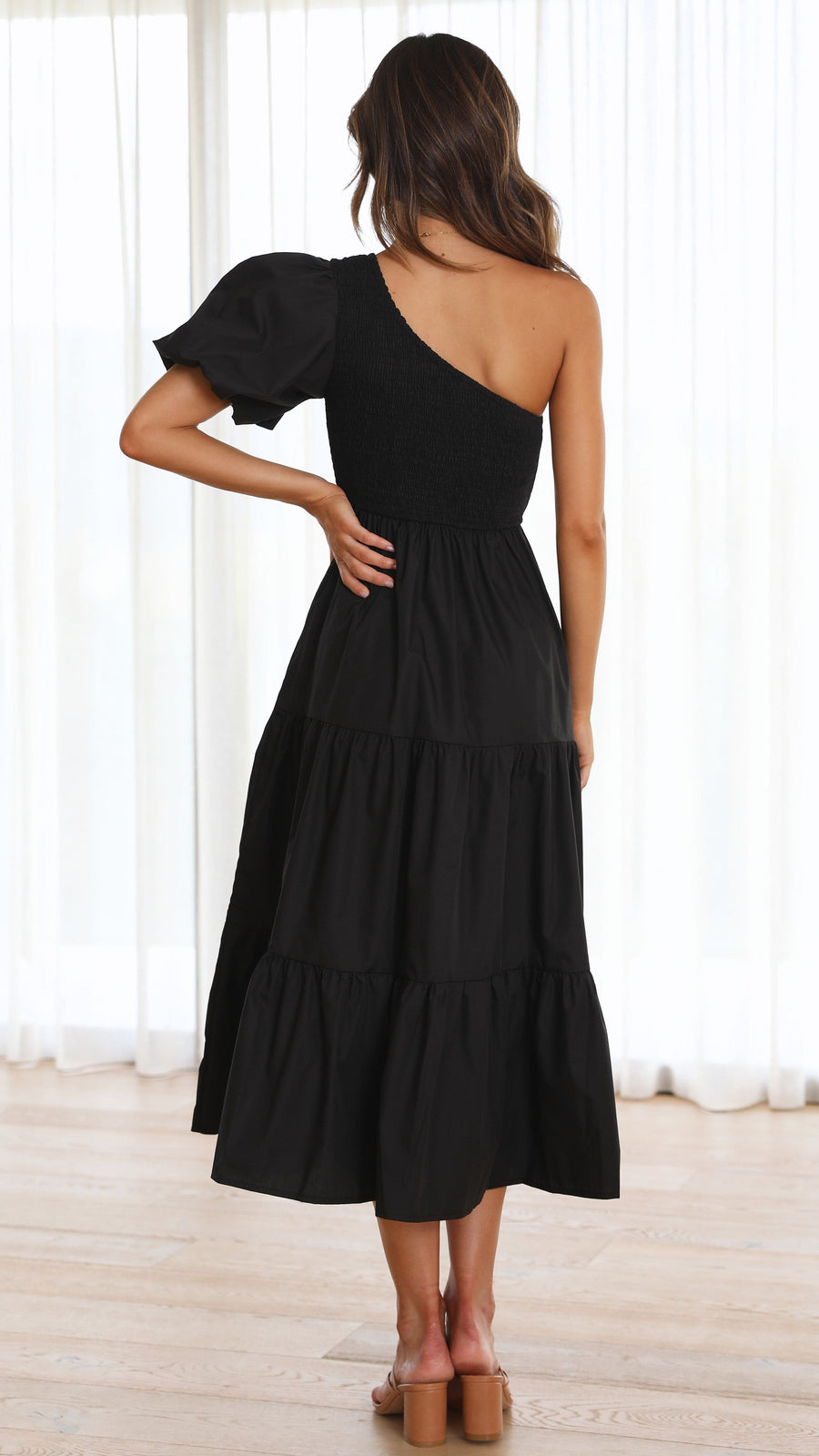 Black Crepe One-Shoulder Smocked Bodice Tiered Midi Dress-1