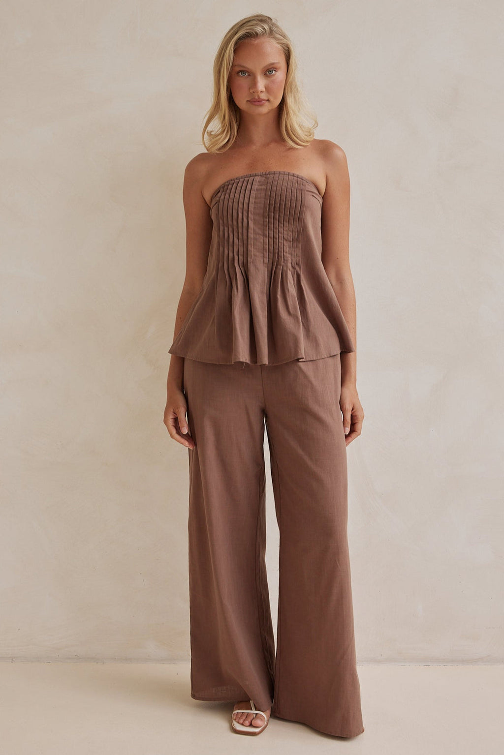Chocolate Brown Linen Co-ord Set – Strapless Pleated Top & Wide-Leg Pants-0