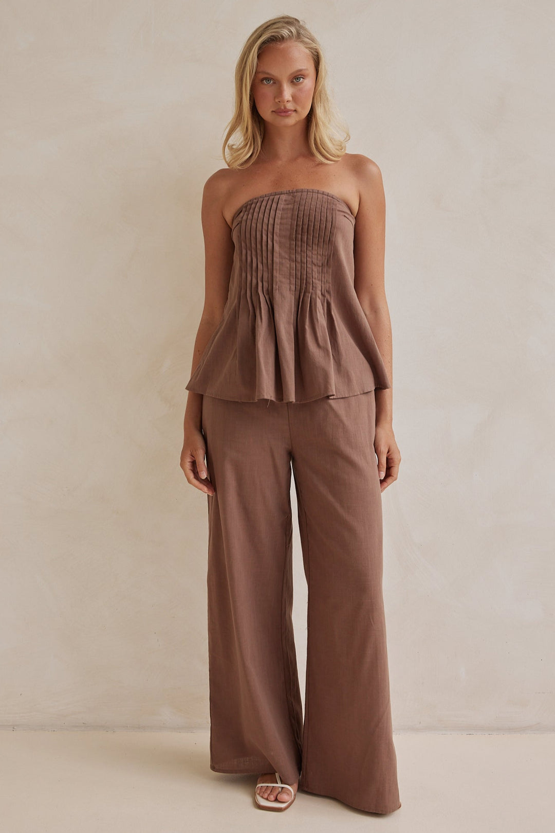 Chocolate Brown Linen Co-ord Set – Strapless Pleated Top & Wide-Leg Pants-0
