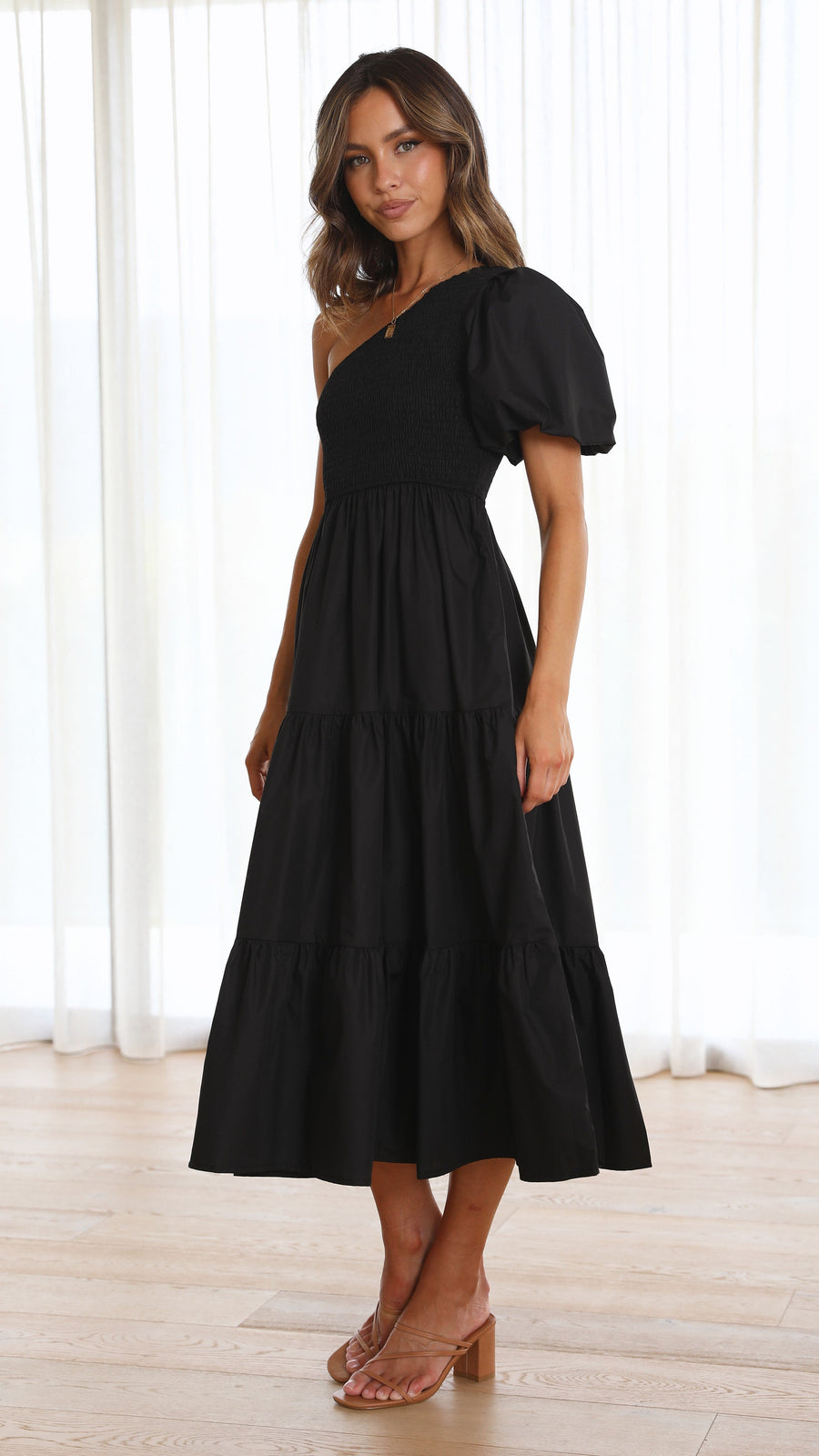 Black Crepe One-Shoulder Smocked Bodice Tiered Midi Dress-3