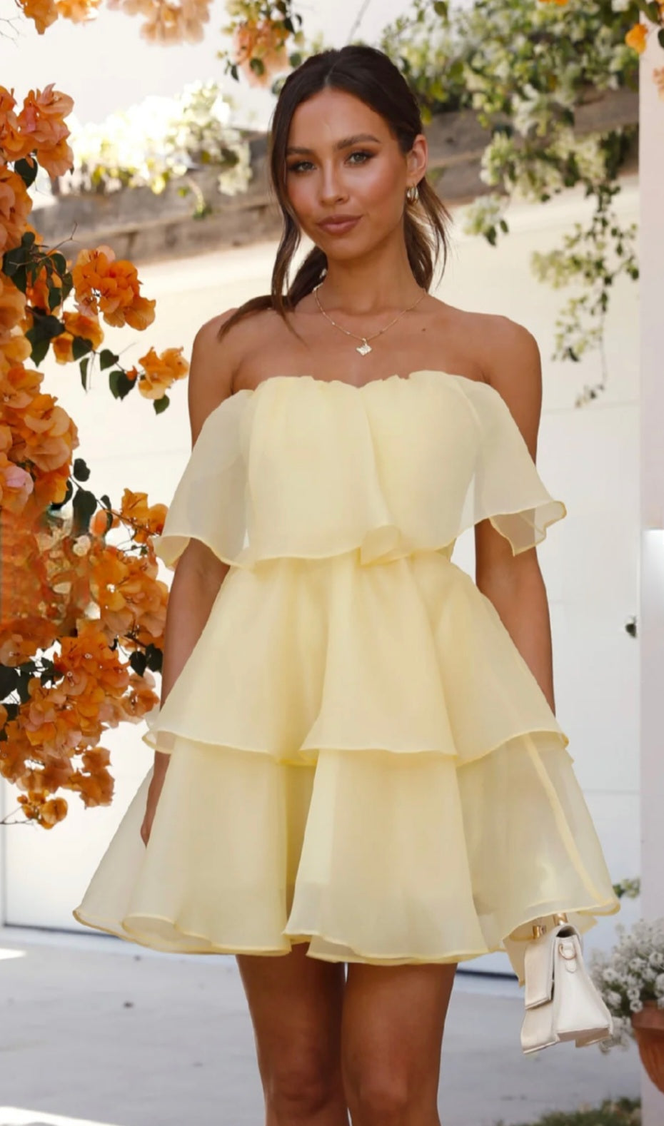 Butter Yellow Organza Tiered Mini Dress-2