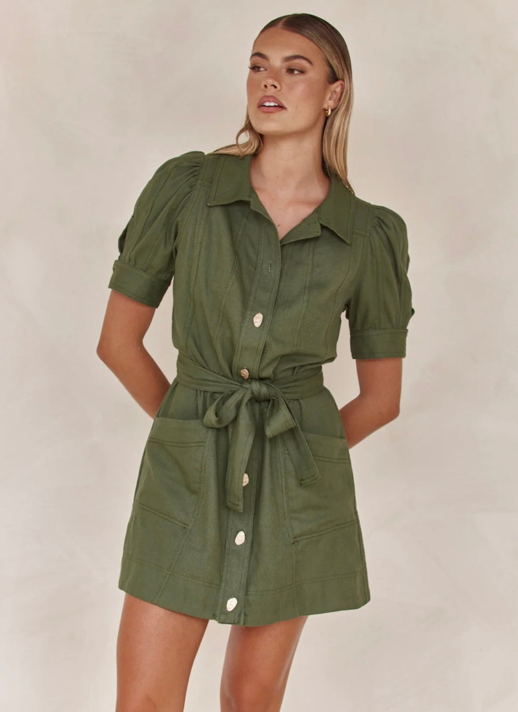 Linen Dress for Women - Olive Green Tie-Up Shirt Style Dress in Linen Blend-2