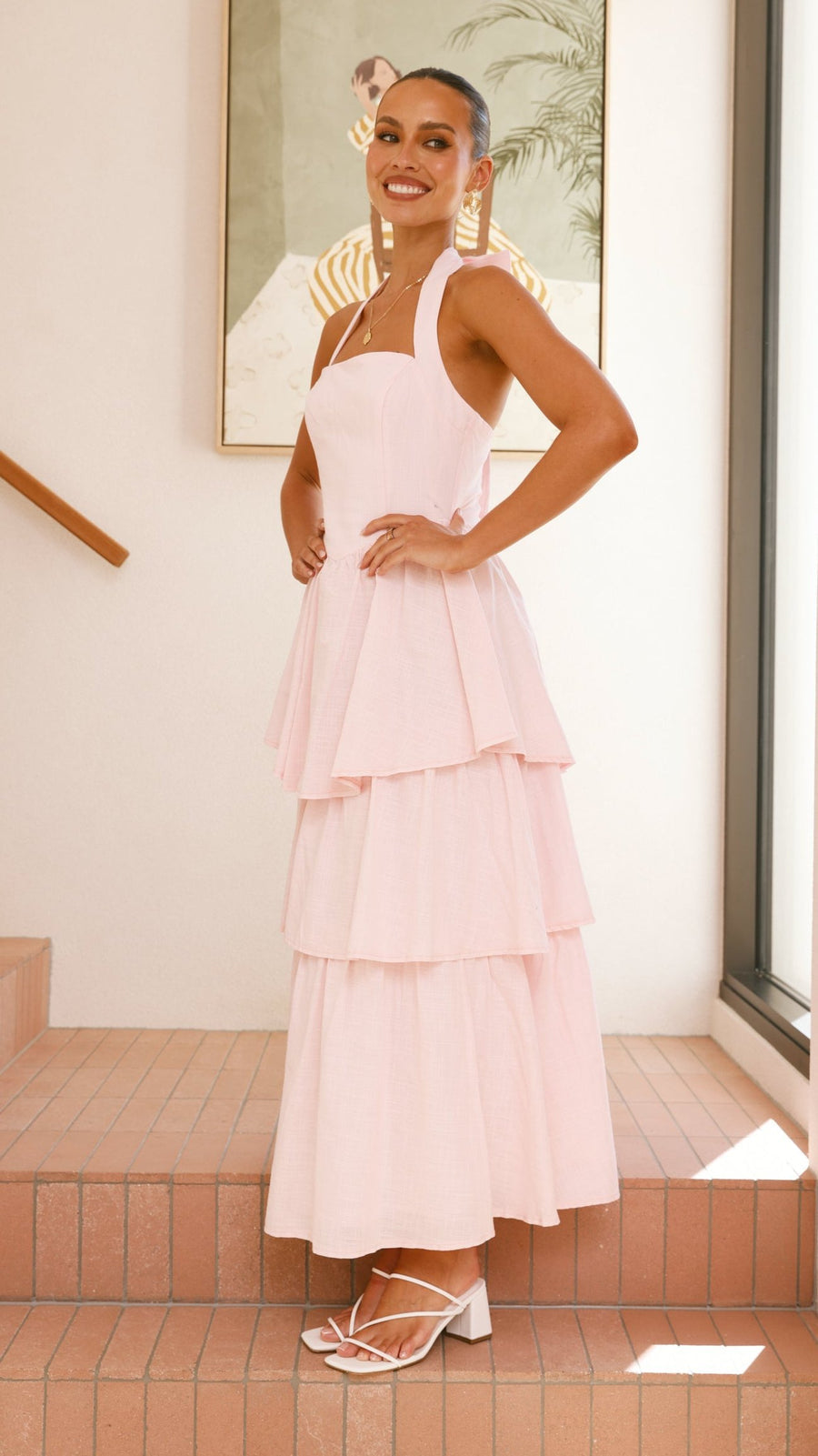 Pink Crepe Tiered Maxi Dress with Halter Neck & Tie-Up Bow-2