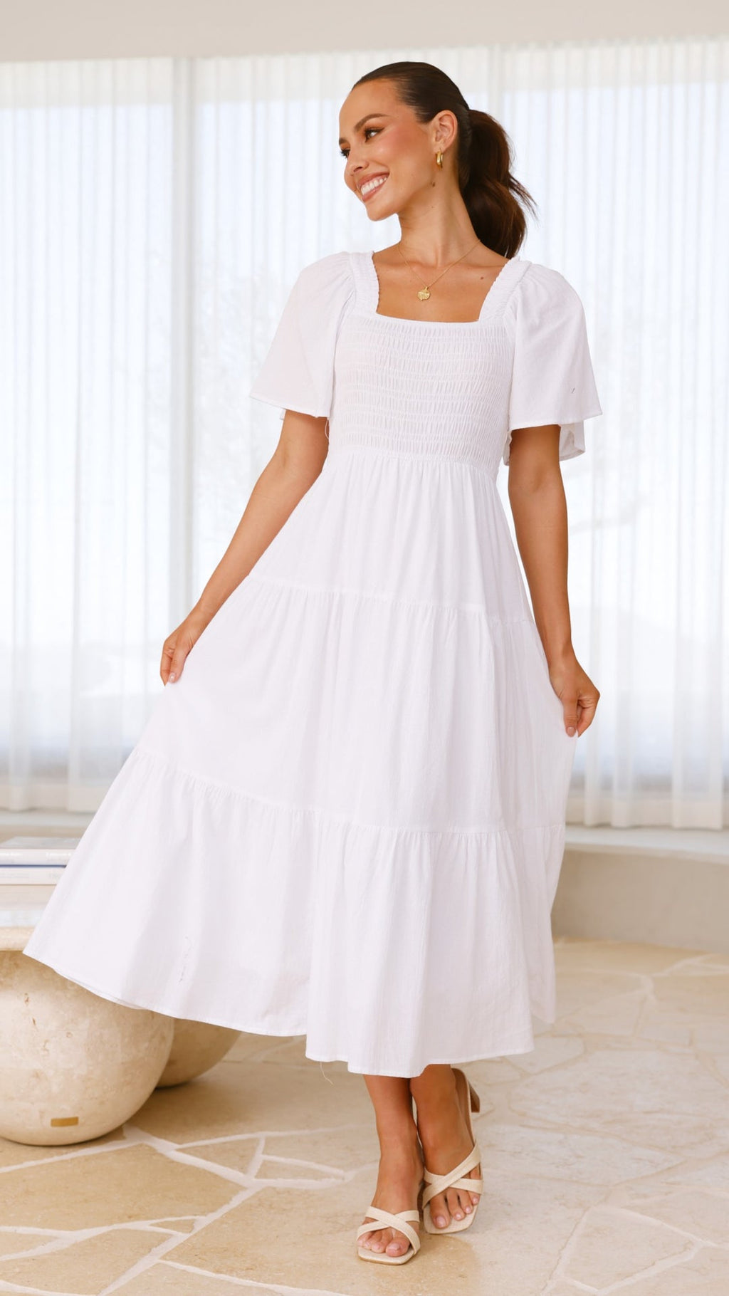 White Smocked Midi Dress-3