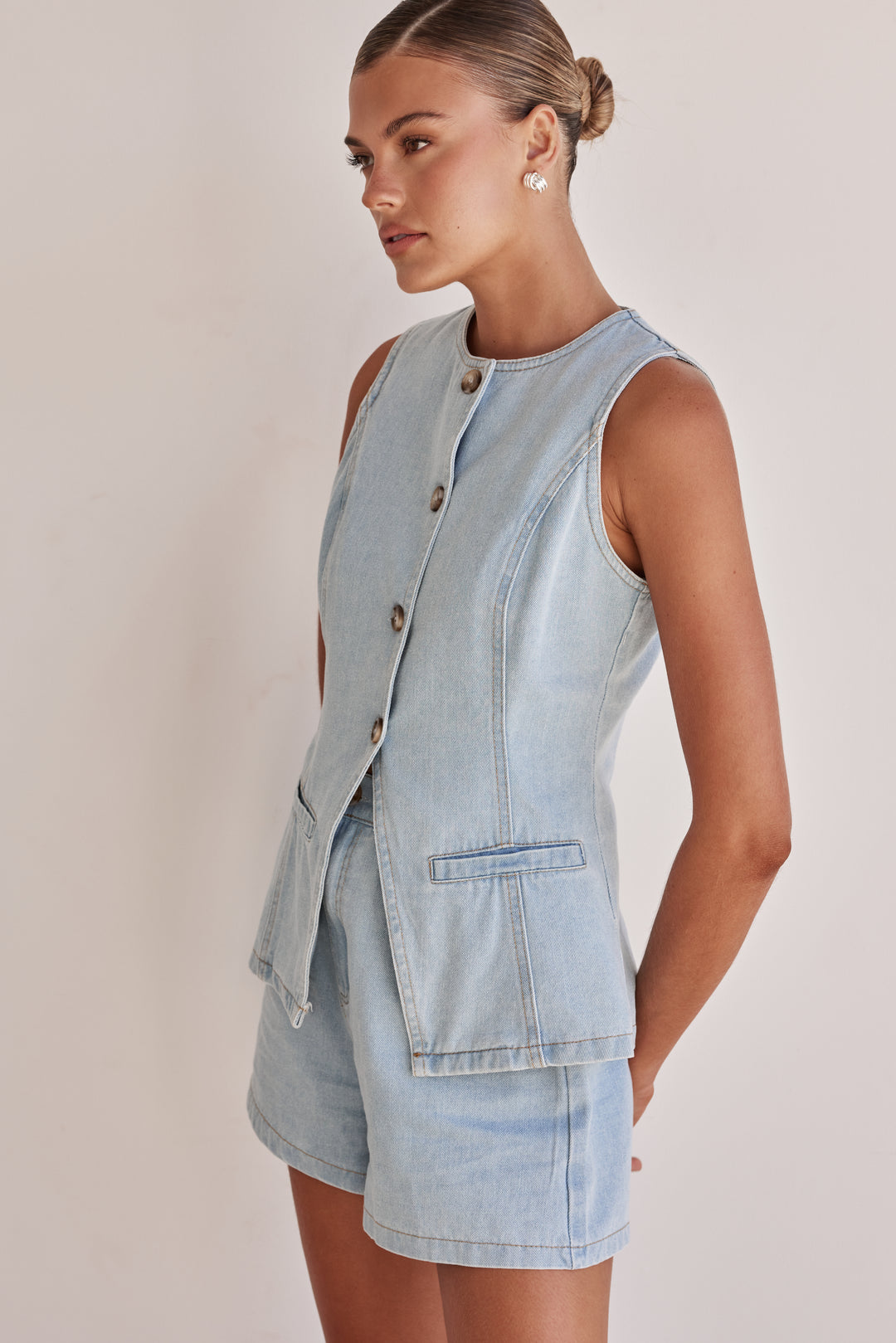 Sleeveless Denim Vest for Women with Front Pockets-3