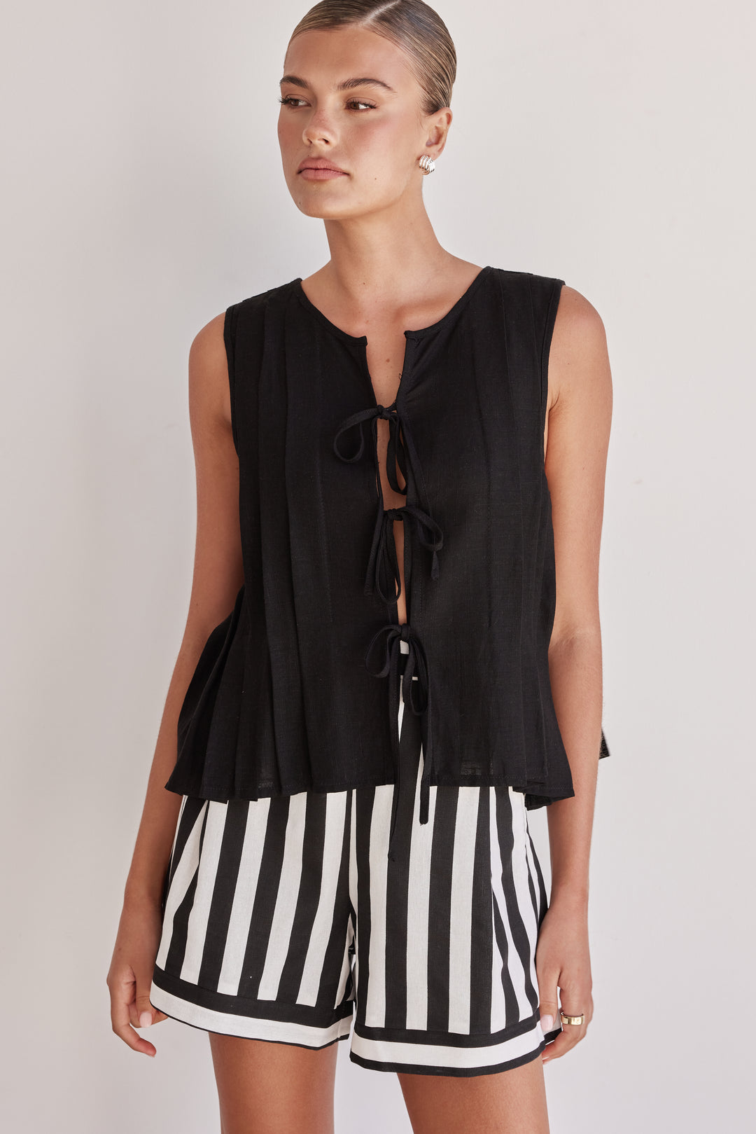 Black Linen Tie-Up Top – Sleeveless Pleated Front Blouse-2