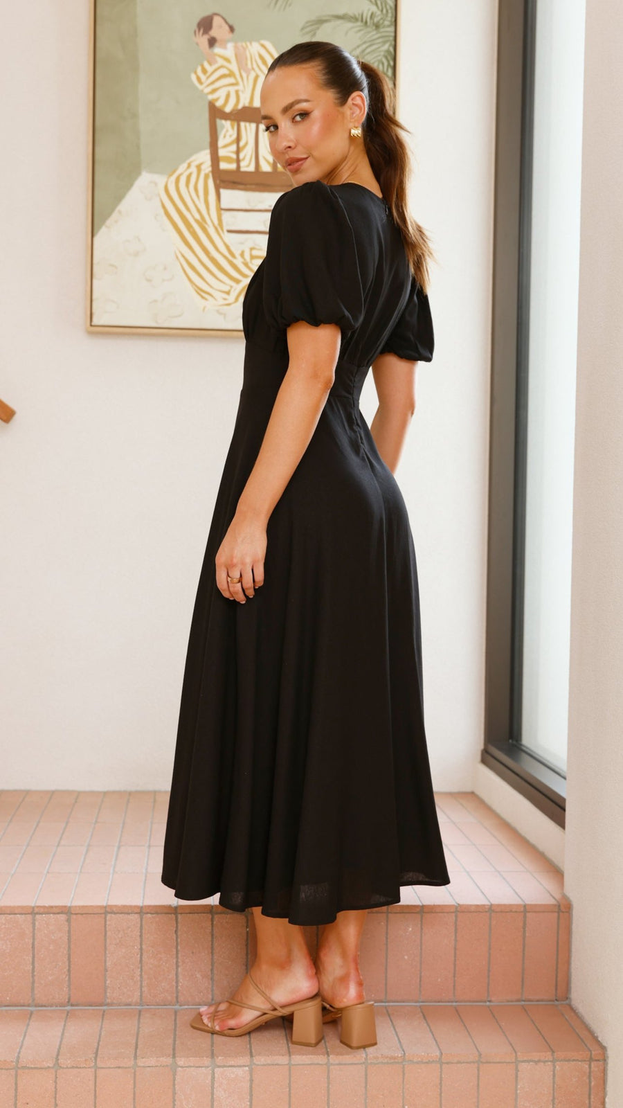 Black Linen Puff Sleeve Maxi Dress-3