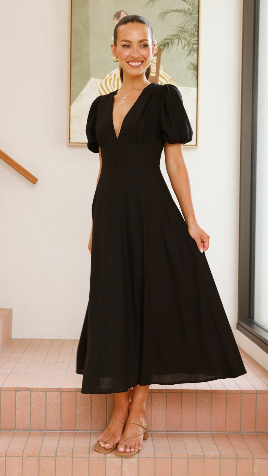 Black Linen Puff Sleeve Maxi Dress-0
