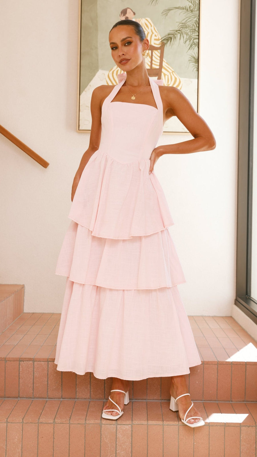 Pink Crepe Tiered Maxi Dress with Halter Neck & Tie-Up Bow-1