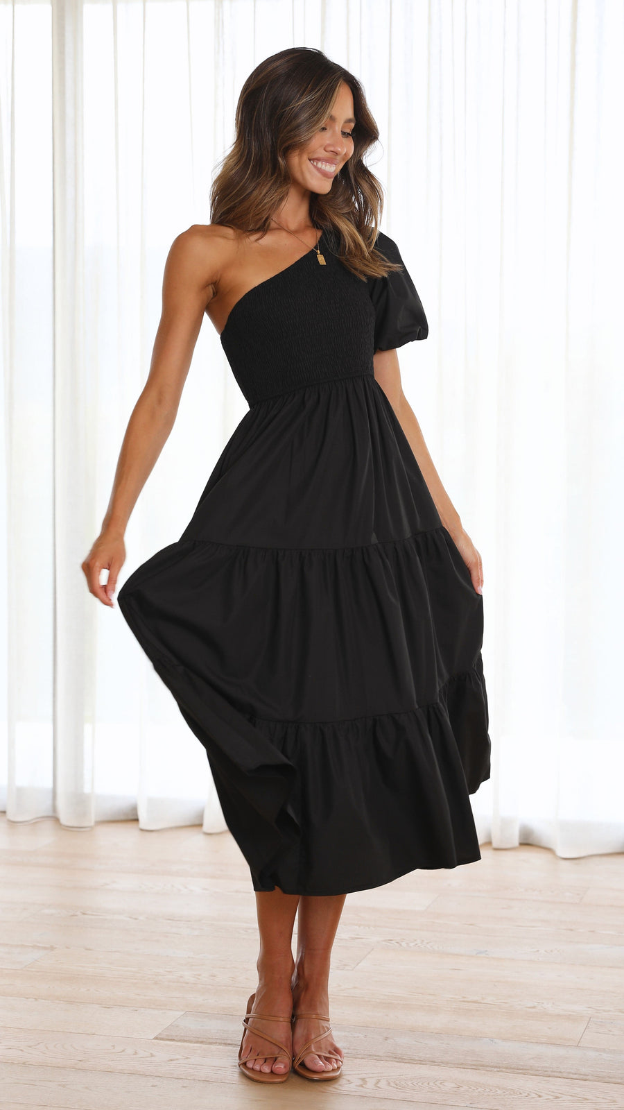 Black Crepe One-Shoulder Smocked Bodice Tiered Midi Dress-0