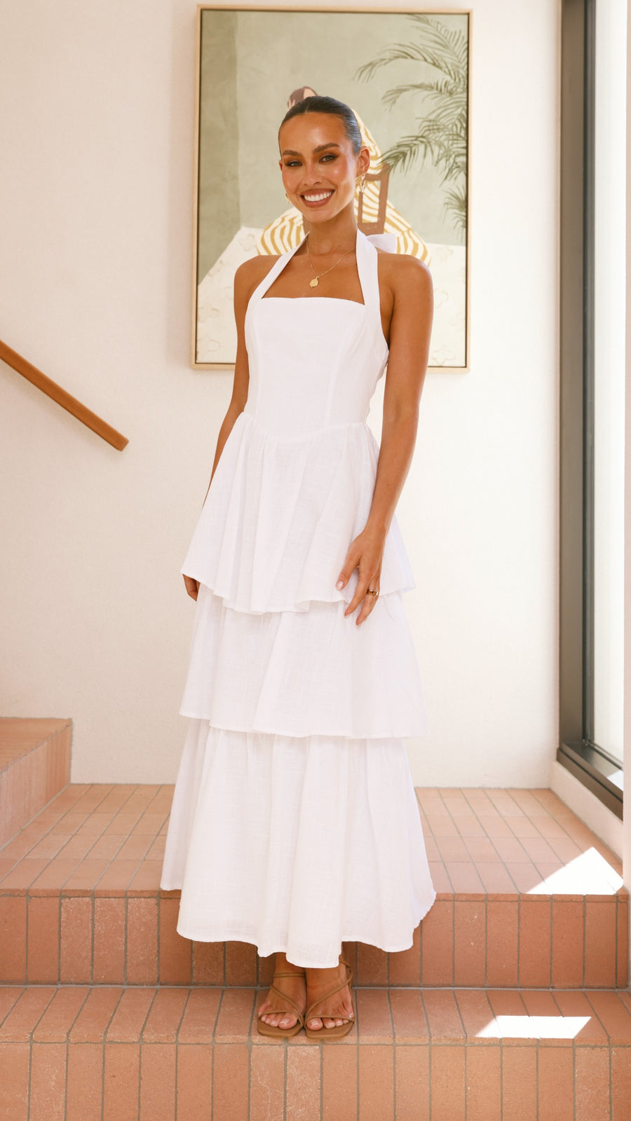 White Crepe Tiered Maxi Dress with Halter Neck & Back Tie Bow-2