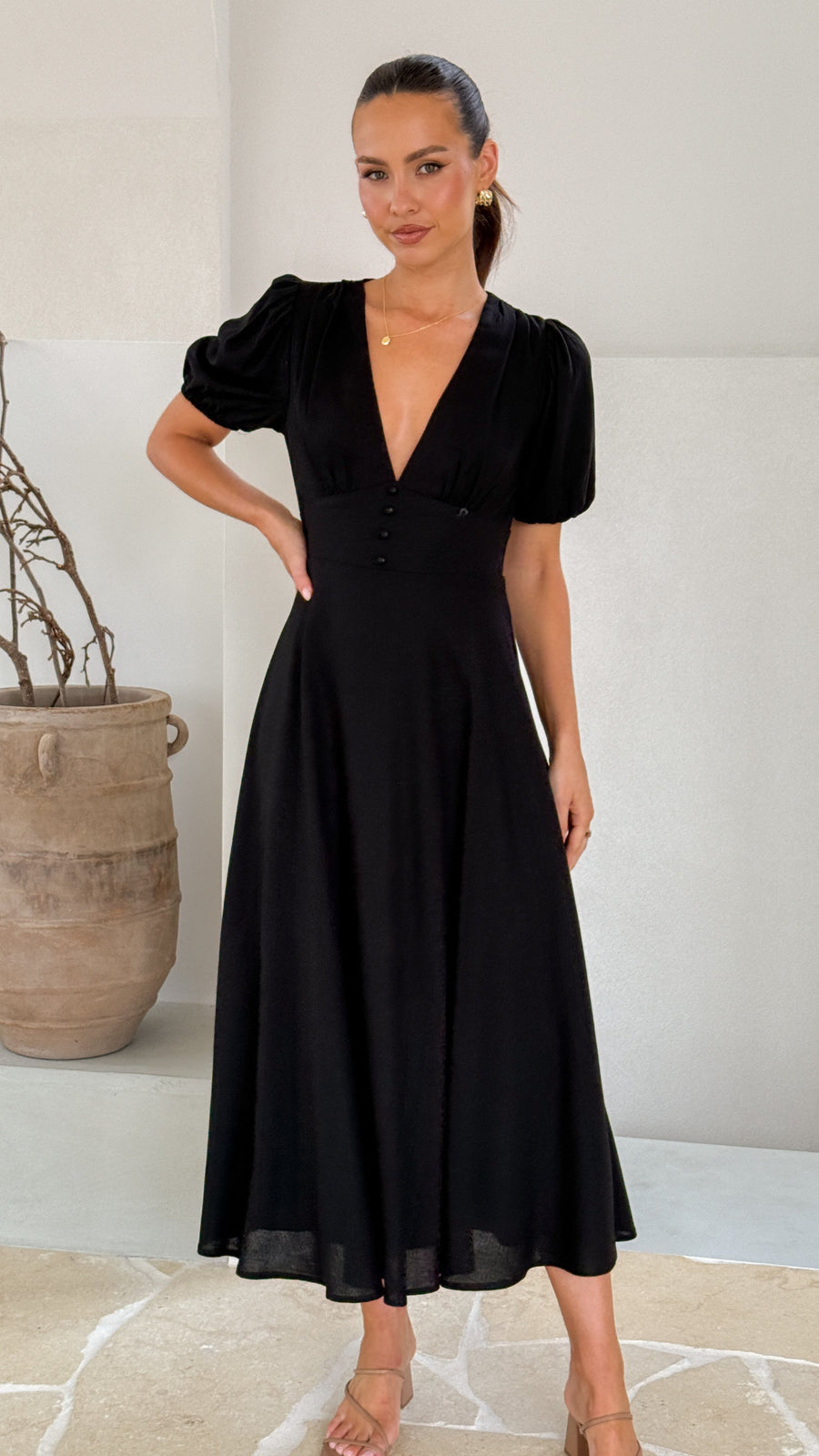 Black Linen Puff Sleeve Maxi Dress-4