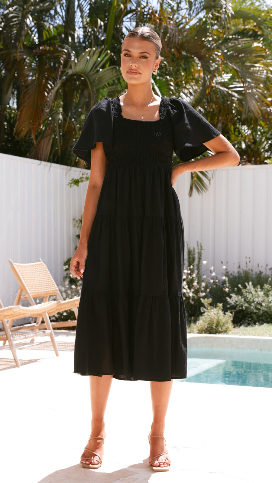 Black Linen Smocked Maxi Dress with Flutter Sleeves-4