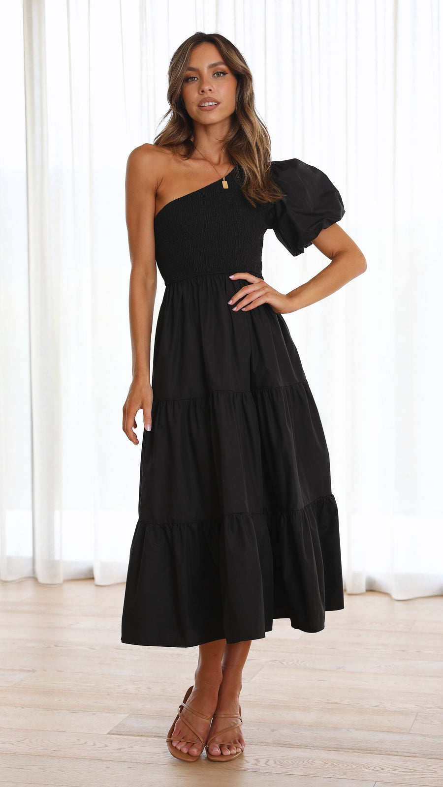 Black Crepe One-Shoulder Smocked Bodice Tiered Midi Dress-4