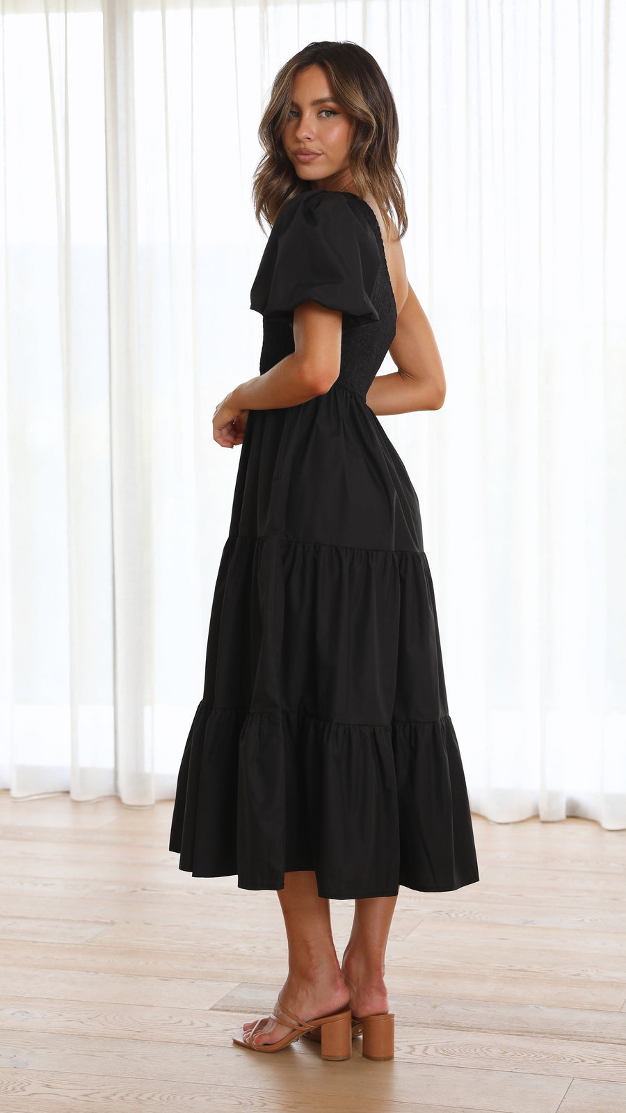 Black Crepe One-Shoulder Smocked Bodice Tiered Midi Dress-2