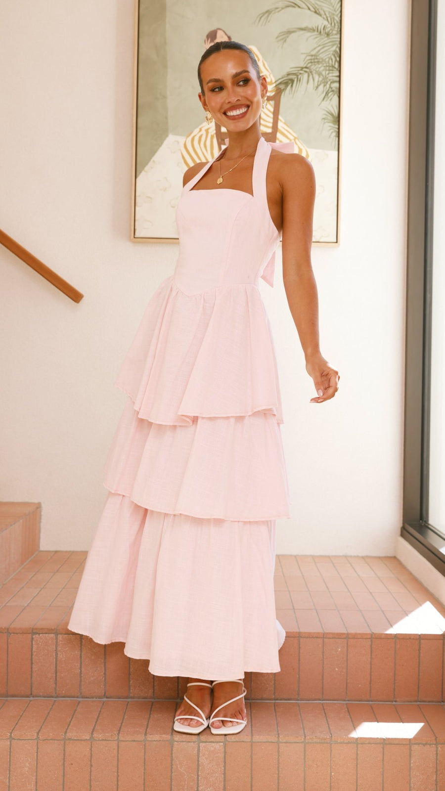 Pink Crepe Tiered Maxi Dress with Halter Neck & Tie-Up Bow-3