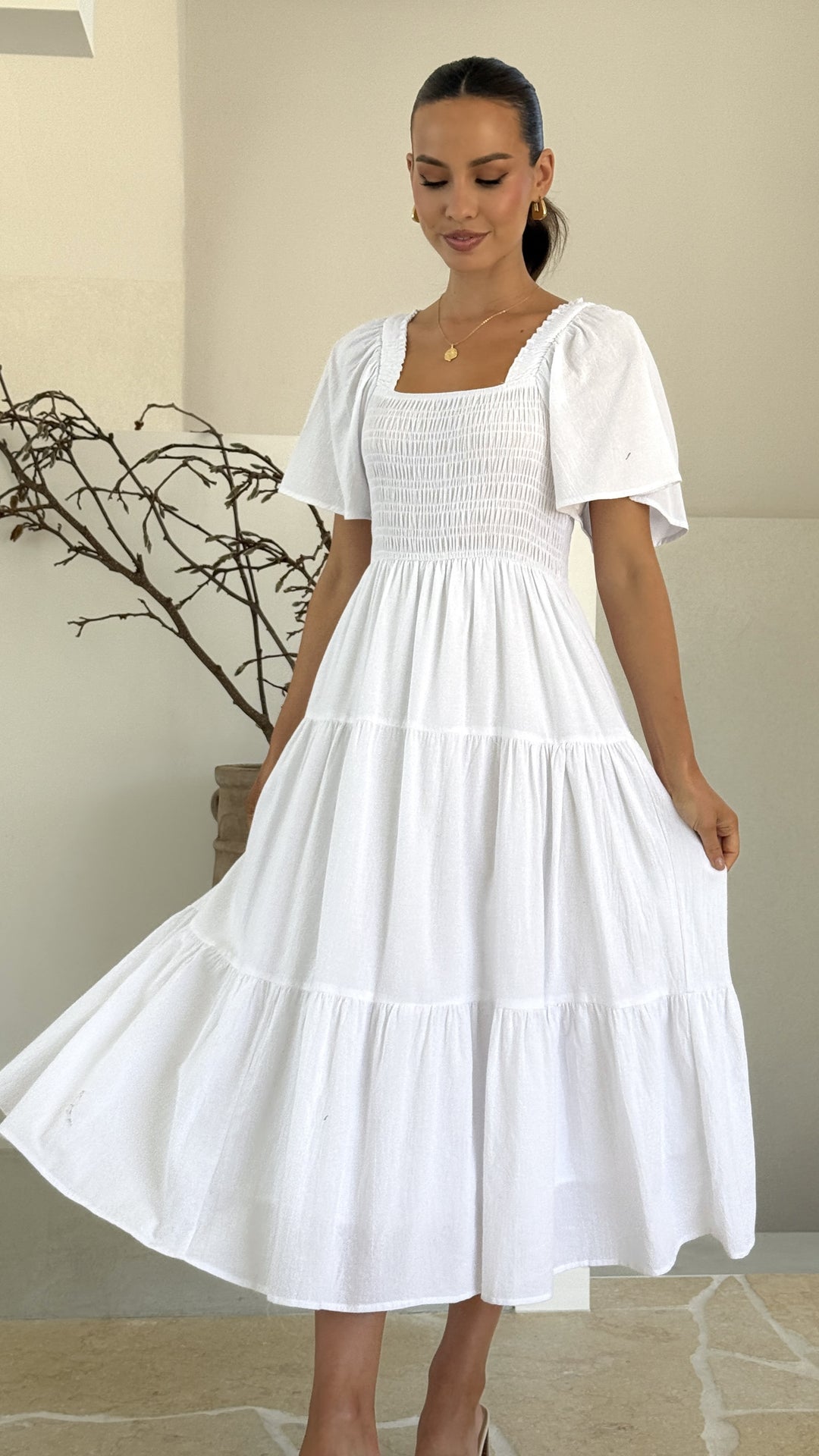 White Smocked Midi Dress-1