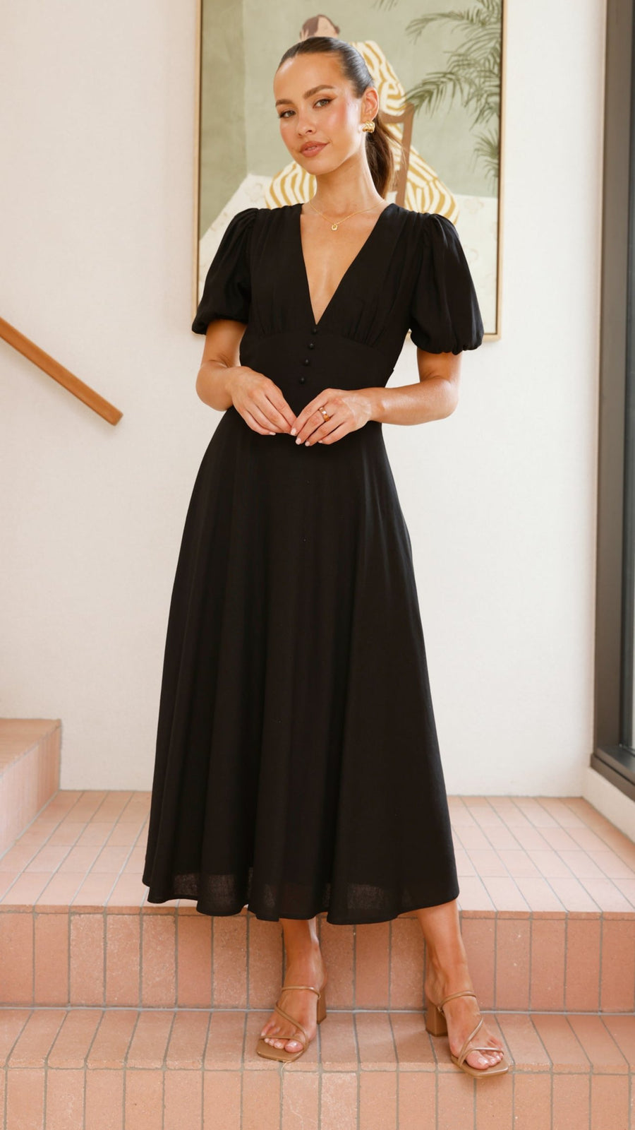 Black Linen Puff Sleeve Maxi Dress-1