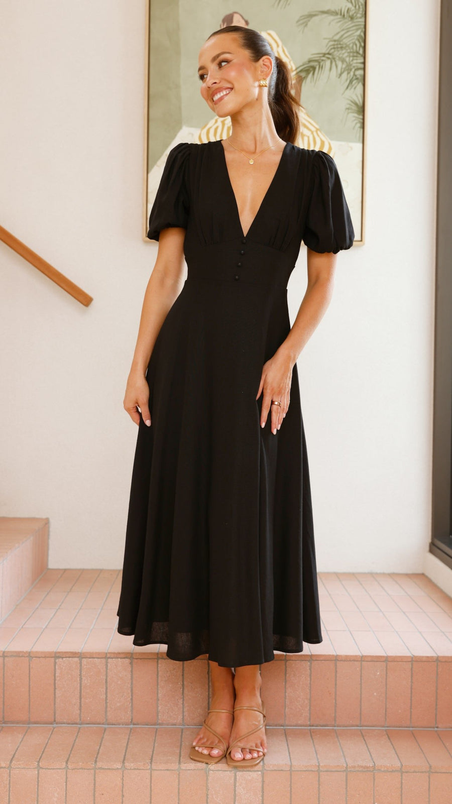 Black Linen Puff Sleeve Maxi Dress-2
