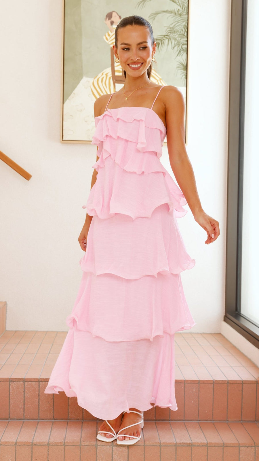 Pink Crepe Layered Ruffle Maxi Dress-0